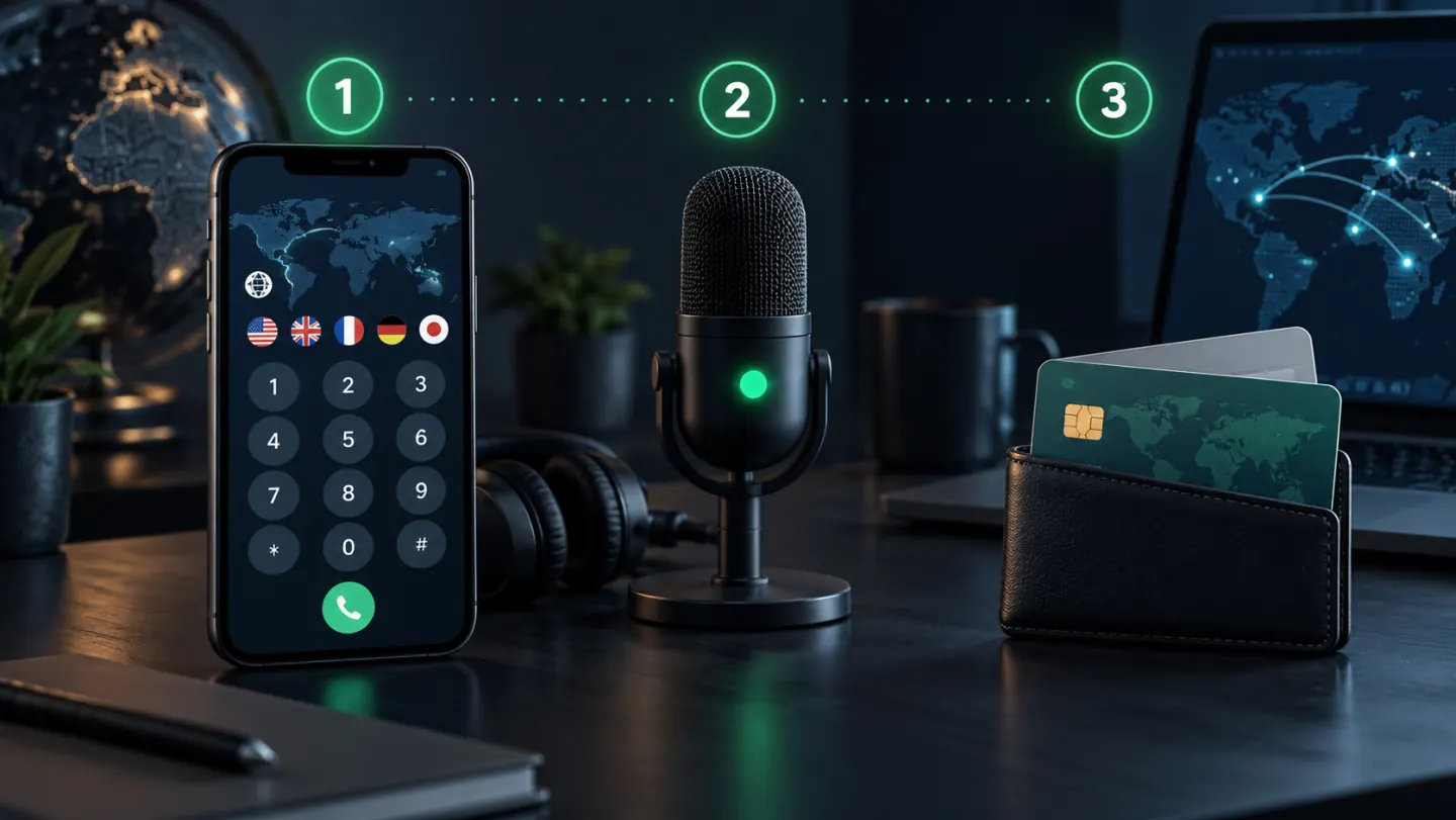 Phone, microphone and wallet arranged as steps for an international browser call
