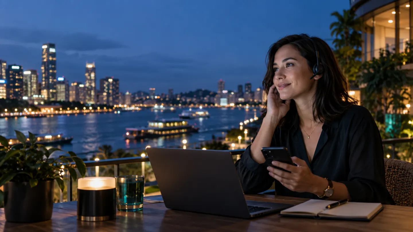Professional preparing an international online call from an Australian city