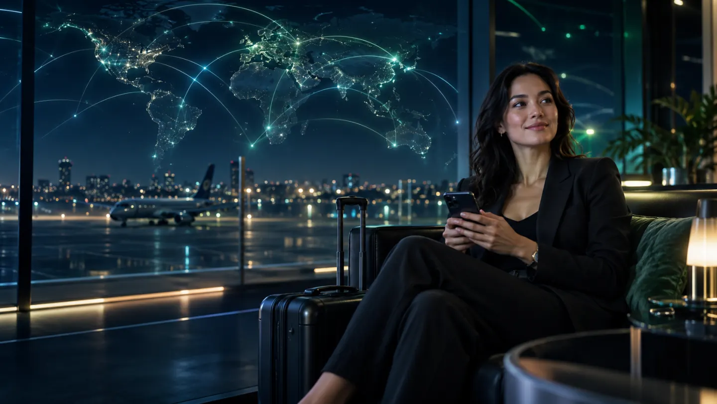 Traveller using a smartphone for an international call beside a connected world map