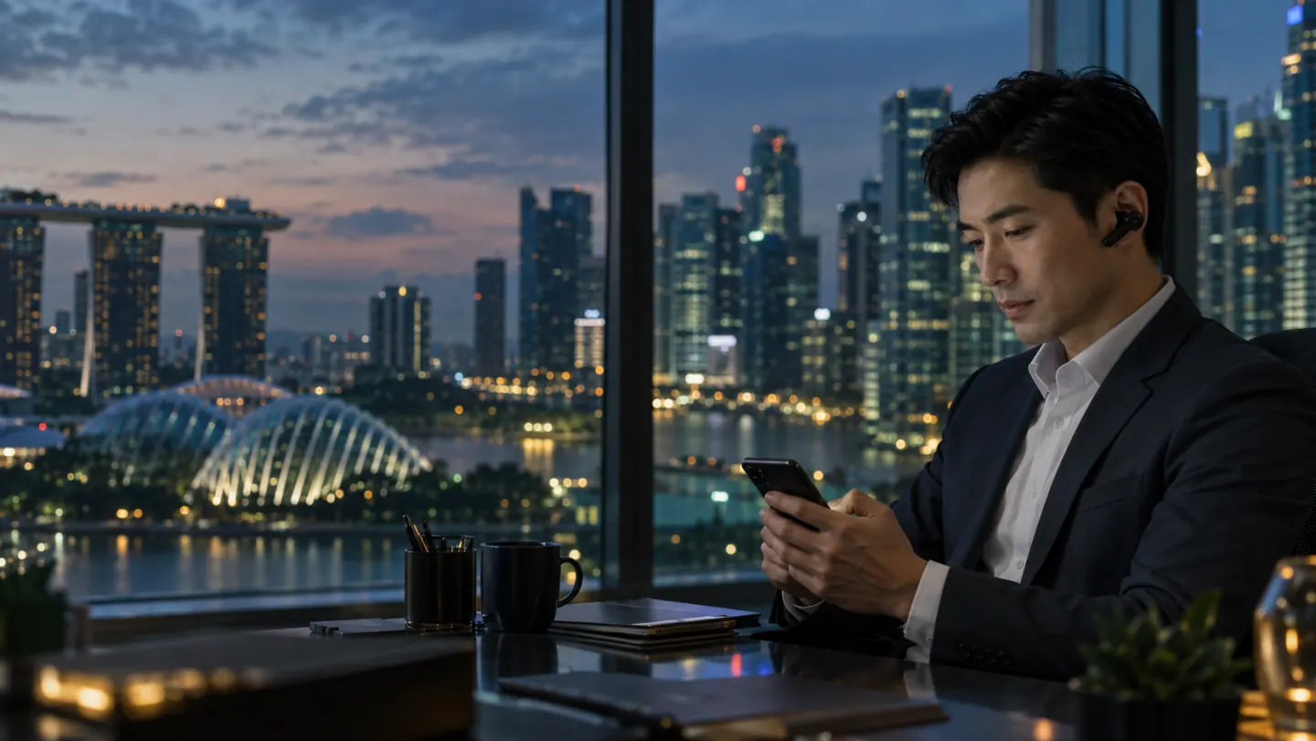 Professional preparing an international online call from Singapore