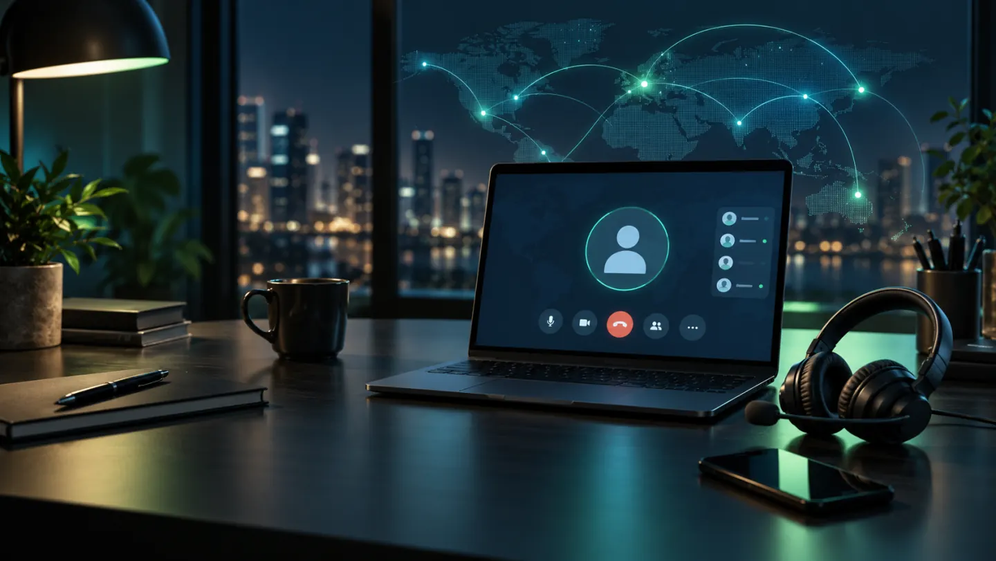 Laptop, headset and smartphone prepared for an online international call